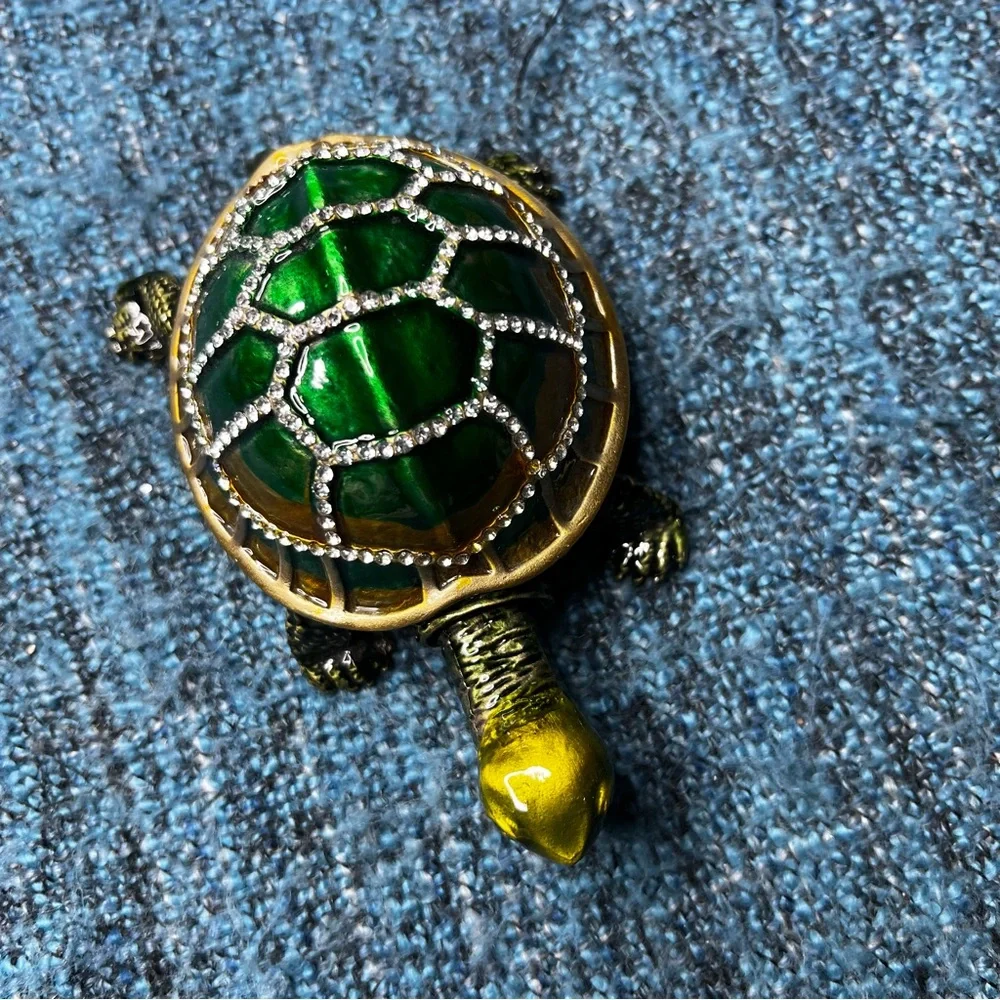 Vintage Green Enamel Glazed Rhinestone Turtle Trinket Box Retractable Head